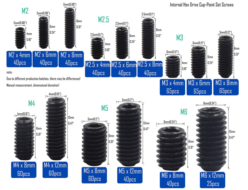  [AUSTRALIA] - LBY 720pcs M2 M2.5 M3 M4 M5 M6 Internal Hex Drive Cup-Point Set Screws,Socket Head Cap Screws Grub Screws Assortment Kit 15 Sizes,Carbon Steel Black