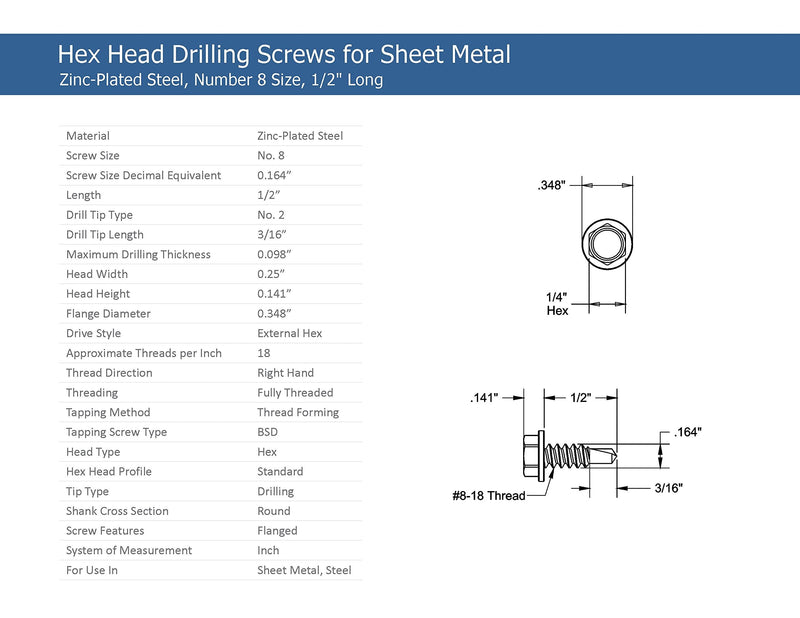  [AUSTRALIA] - #8 x 1/2" Hex Washer Head Self-Drilling Tek Screw Zinc Plated Steel for Attaches Sheet Metal Steel or Steel to Metal - Box of 100 #8-18 Thread x 1/2" Long