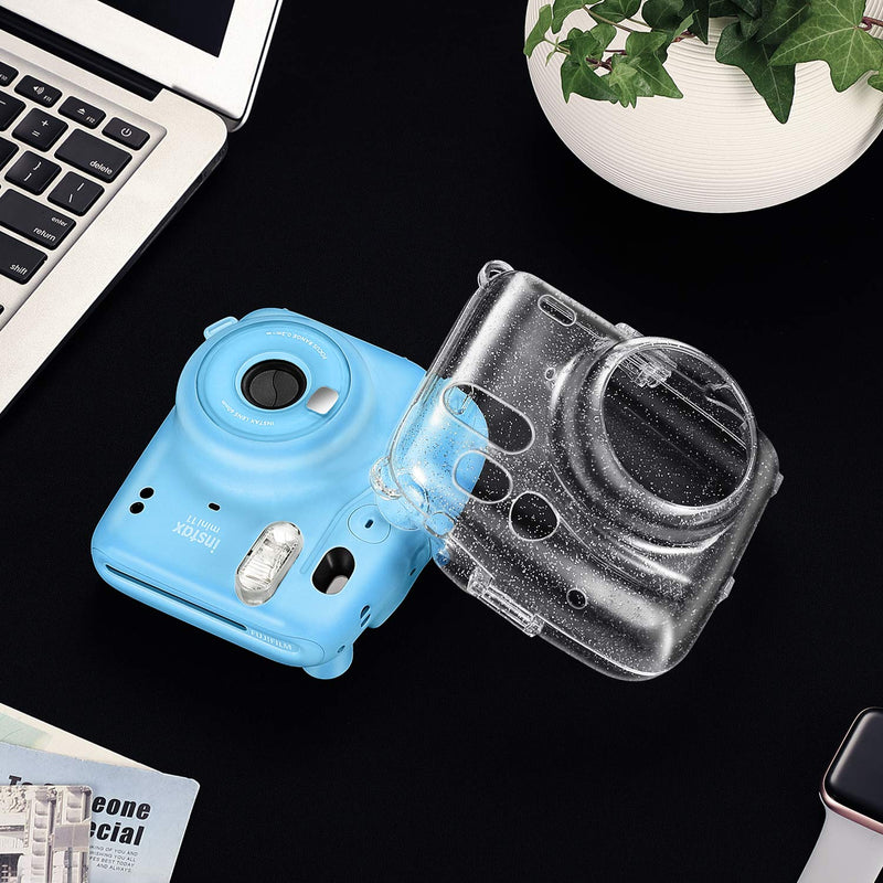  [AUSTRALIA] - Fintie Protective Clear Case for Fujifilm Instax Mini 11 Instant Film Camera - Crystal Hard Shell Cover with Removable Rainbow Shoulder Strap, Glittering Transparent