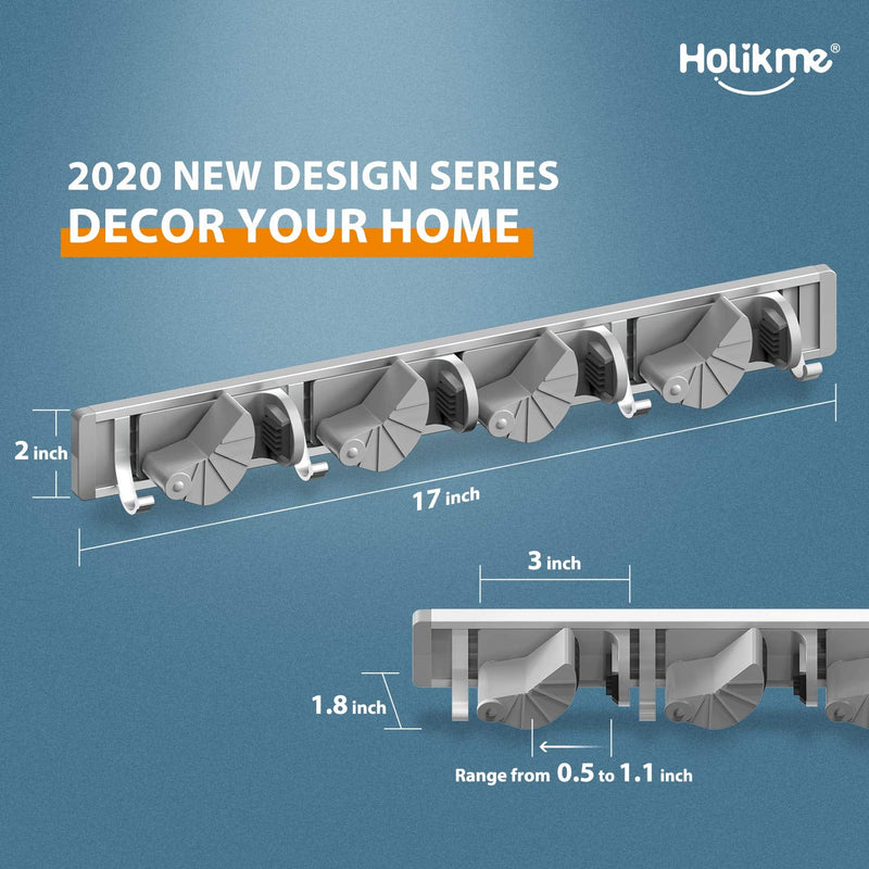  [AUSTRALIA] - Holikme Mop Broom Holder Wall Mount Metal Pantry Organization and Storage Garden Kitchen Tool Organizer Wall Hanger for Home Goods (4 Positions with 4 Hooks, Silver)