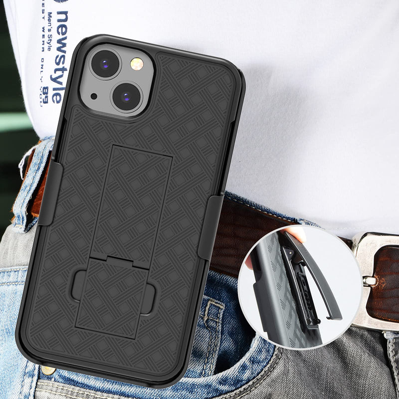  [AUSTRALIA] - HIDAHE Phone Case Compatible with iPhone 13, Combo Shell & Holster Slim Shell Case for Men Boys with Built-in Kickstand + Swivel Belt Clip Holster for Apple iPhone 13 6.1'' ONLY, Black