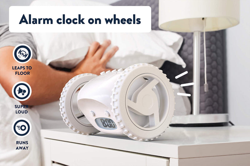  [AUSTRALIA] - Clocky Alarm Clock on Wheels (Original) | Extra Loud for Heavy Sleeper (Adult or Kid Bed-Room Robot Clockie) Funny, Rolling, Run-Away, Moving, Jumping (White) White
