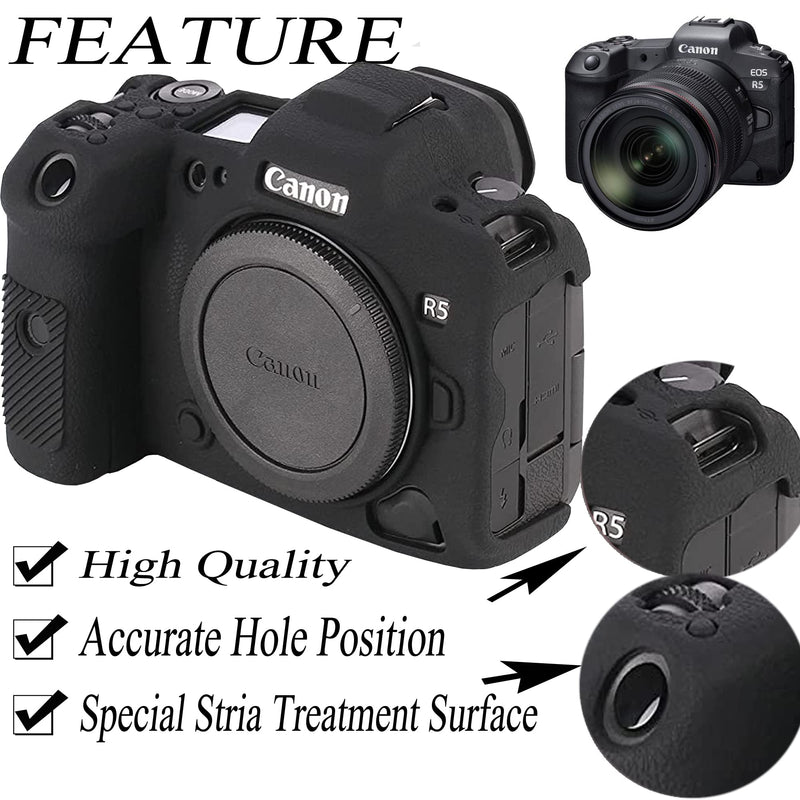  [AUSTRALIA] - for Canon R5 Silicone Gel Soft Camera Case Cover, PCTC Silicone Protective Cover Housing Frame Shell Case for Canon EOS R5 (Black), 1x Lovely Ladybug hotshoe Cap Accessories