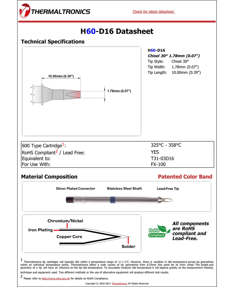  [AUSTRALIA] - Thermaltronics H60-D16 Chisel 30deg 1.78mm (0.07in) interchangeable for Hakko T31-03D16