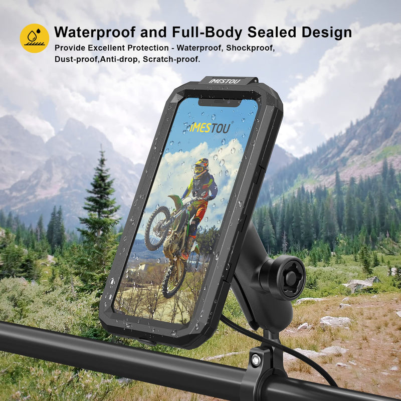  [AUSTRALIA] - Waterproof IP67 Motorcycle Wireless Phone Mount Qi/USB C 3.0 Cellphone Holder Charger-iMESTOU Anti-Thief Handlebar Phone Mounts Double Socket Arm Aluminium Base 720° Rotation for 5.5-6.8" Smartphones L(For 5.5"-6.8" Phones)