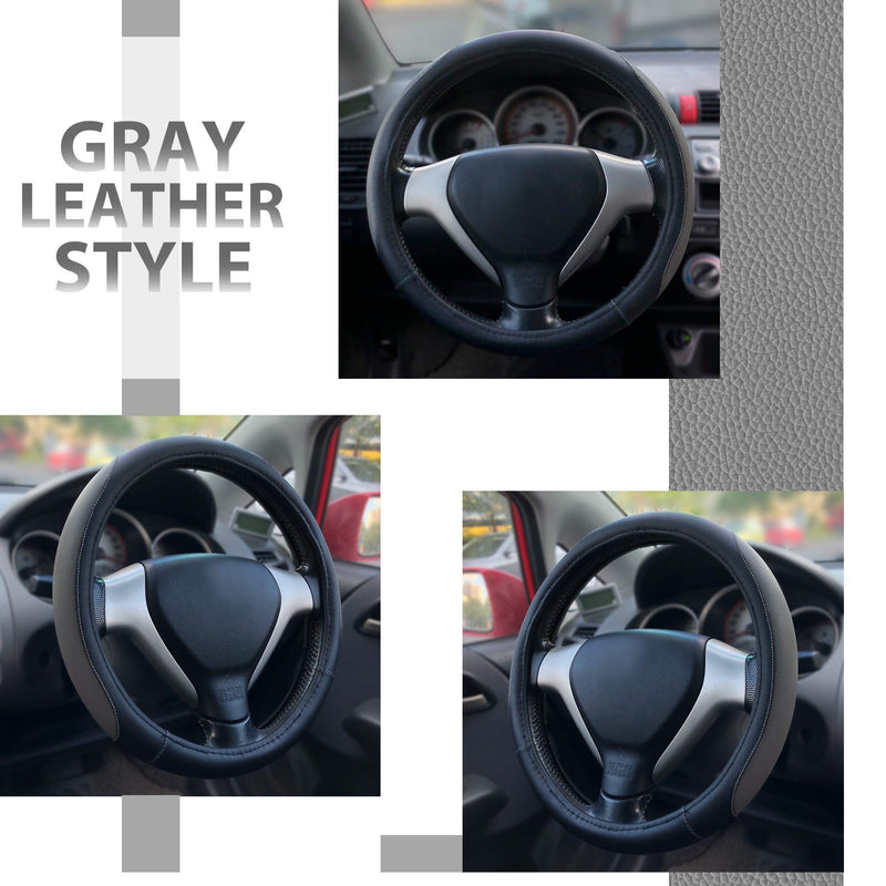  [AUSTRALIA] - Elantrip Leather Steering Wheel Cover 14 1/2 to 15 inch Universal Anti Slip Odorless for Car Truck SUV Grey and Black Gray
