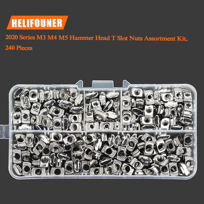  [AUSTRALIA] - HELIFOUNER 240 Pieces 2020 Series T Nuts, M3 M4 M5 T Slot Nut Assortment Kit M3 M4 M5 (240 PCS)
