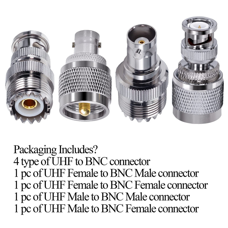  [AUSTRALIA] - TUOLNK 4pcs PL259 SO239 to BNC Adapter Coax Cable Connector, BNC to UHF Adapter Kit Male to Female Cable Gender Changers Coaxial Connector Kit for CB Radio,Radio,Antennas,Extension Coax Cable UHF to BNC Adapter Kit