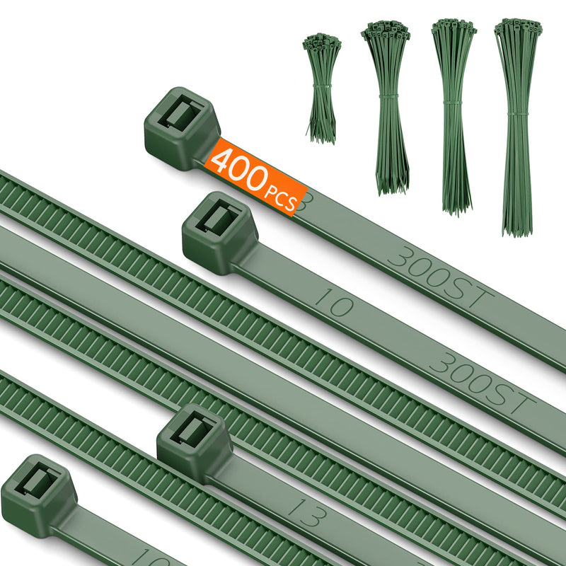  [AUSTRALIA] - 400pcs 4 Sizes Cable Zip Ties, Idemeet 12+10+8+4 Inch Heavy Duty PA66 Plastic Wire Ties, Premium Self-locking Nylon Cable Ties Decoration Tie Wraps for Gardening Fence Farming Grid Wall, Green 400 Dark Green