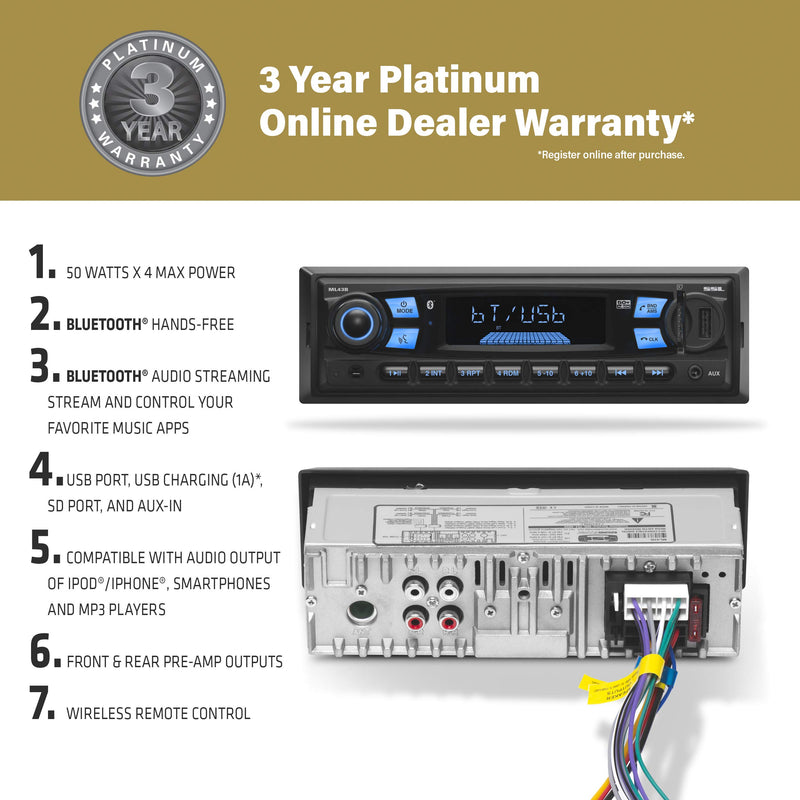 Sound Storm Laboratories ML43B Multimedia Car Stereo - Single Din, MP3 Player, No CD/DVD, Bluetooth Audio and Hands-Free Calling, USB, SD, AUX in, AM/FM Radio, Wireless Remote - LeoForward Australia