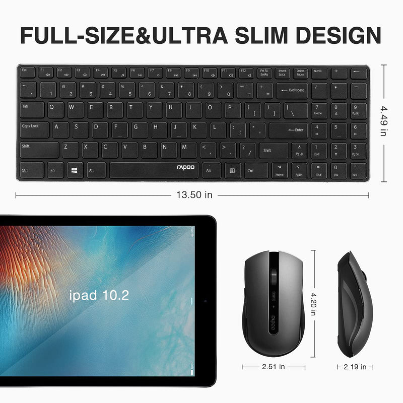 Rapoo Slim Wireless Keyboard and Mute Mouse Combo, 4.9mm Ultra-Thin Lightweight, 2.4GHz Portable Keyboards, 500/1000 DPI Silent Mouse for Computer, Desktop, PC, Notebook, Laptop, Black, 9300T - LeoForward Australia