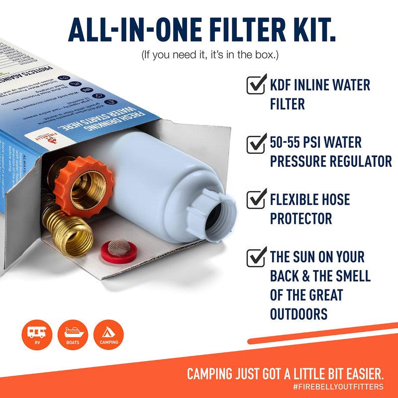  [AUSTRALIA] - Firebelly Outfitters RV/Marine Inline Carbon Water Filter - Starter Kit w/Flexible Hose Protector, RV Water Pressure Regulator – Protects Against Bad Taste, Odor, Iron, Lead, Chlorine, Sediment, Mold