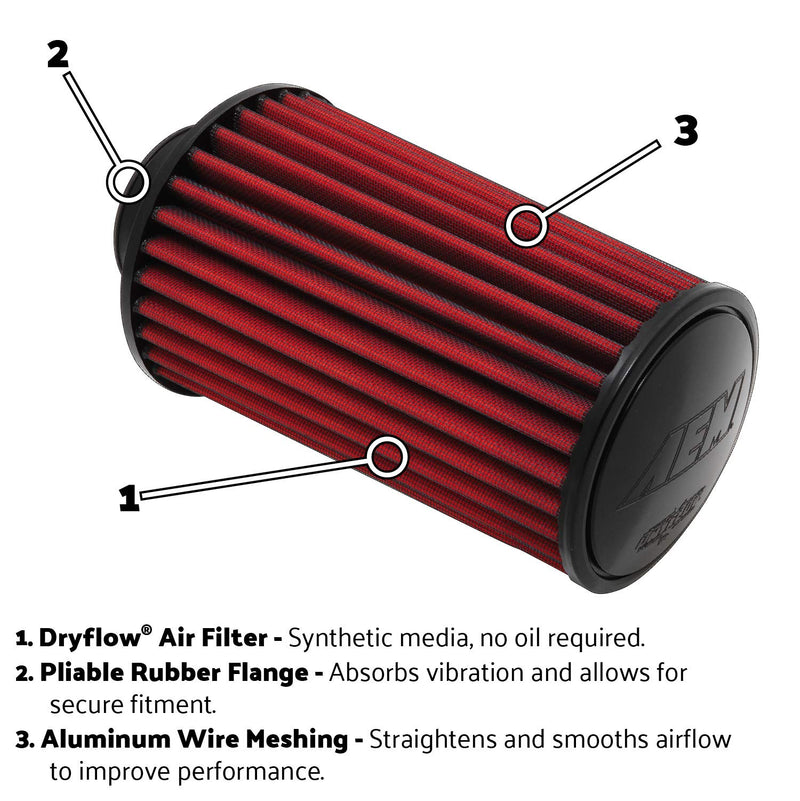  [AUSTRALIA] - AEM 21-200DK Universal DryFlow Clamp-On Air Filter: Round Tapered; 2.25 in (57 mm) Flange ID; 5.125 in (130 mm) Height; 6 in (152 mm) Base; 5.125 in (130 mm) Top