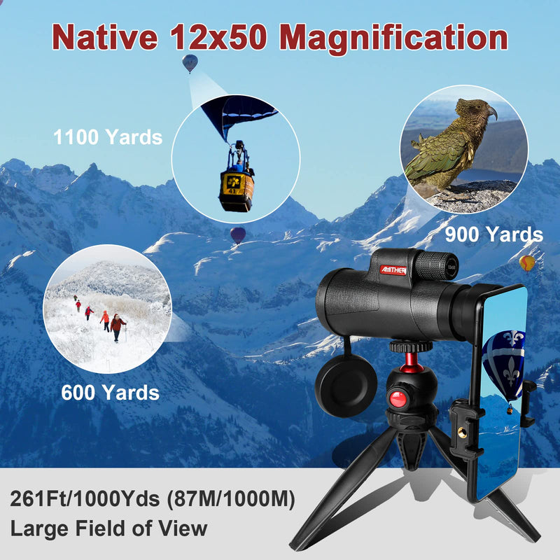  [AUSTRALIA] - 12x50 Monocular Telescope for Smartphone - High Powered Monoculars for Adults with Tripod & Phone Adapter High Definition Low Night Vision BAK4 Prism FMC Optical Lens for Bird Watching Hunting Hiking