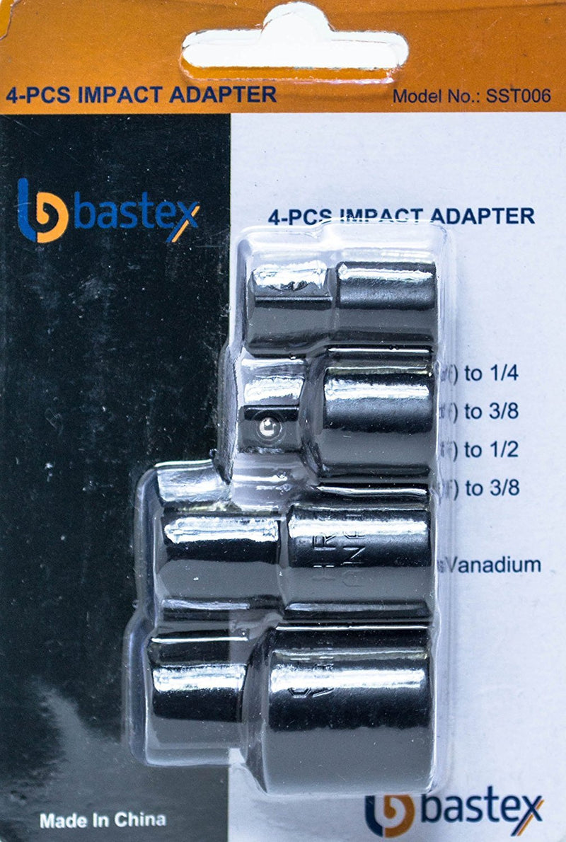  [AUSTRALIA] - Bastex Impact Adapter and Reducer Set (4-Piece) for use with Impact Wrenches and Drills in Auto and Construction Work Set Adapter Sizes (3/8in. to 1/4) (1/2in. to 3/8) (3/8in. to 1/2) (1/4in. to 3/8)