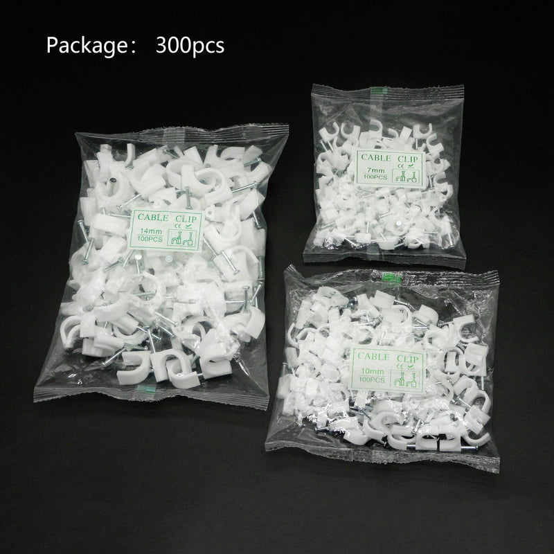  [AUSTRALIA] - SinLoon 300pcs Cable Clips with Steel Nails 7mm 10mm 14mm Wire Holders Durable, UV Resistant Plastic Clips Help Organize Coax, Ethernet and Other Cords(Circular)