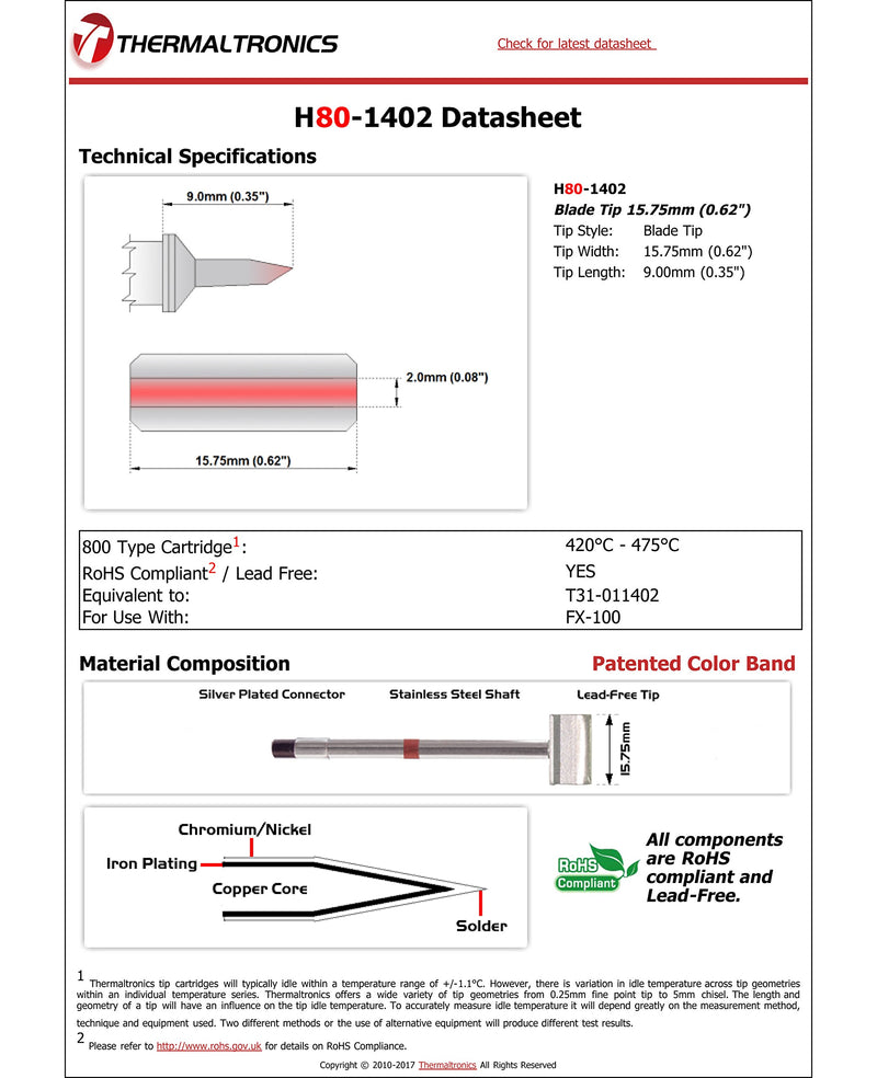  [AUSTRALIA] - Thermaltronics H80-1402 Blade Tip 15.75mm (0.62in) interchangeable for Hakko T31-011402