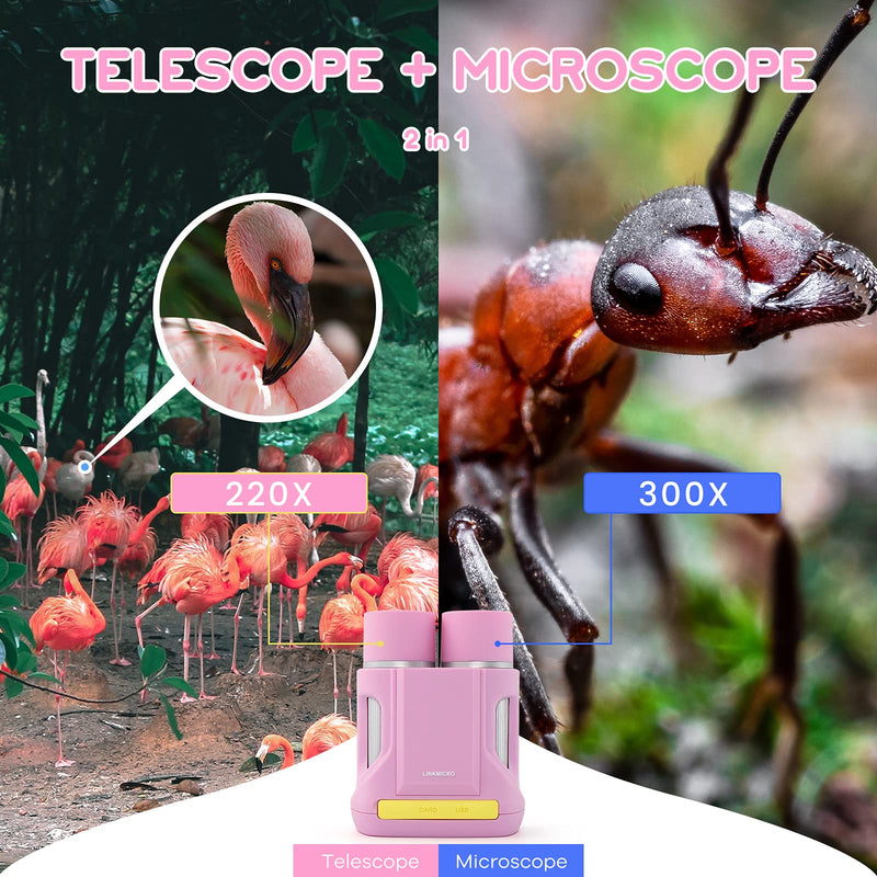  [AUSTRALIA] - Telescope Microscope Kit for Kids Digital Binoculars 2 inch LINKMICRO LM122 Science Kit &Educational Toys for Kids, 300X, Nature Exploration Toys, Photos&Video, Windows Mac Compatible, 8GB SD Card 2inch handheld binoculars pink