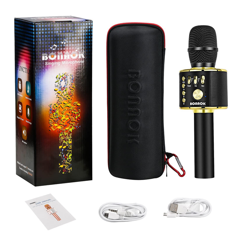  [AUSTRALIA] - BONAOK Bluetooth Wireless Karaoke Microphone,3-in-1 Portable Handheld Karaoke Mic Speaker Machine Birthday Home Party for PC or All Smartphone Q37 (Black Gold) Black Gold