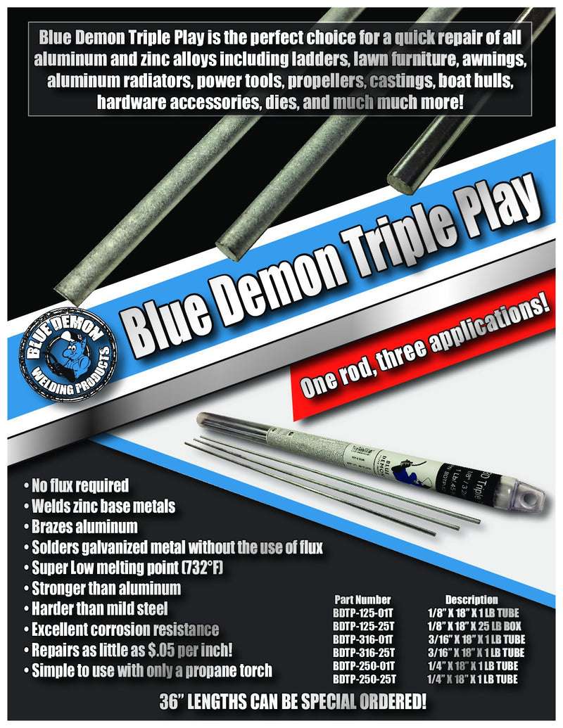  [AUSTRALIA] - Blue Demon BDTP-125-01T Triple Play Low Temp Aluminum-Zinc Brazing Rod 1/8" x 18" 1 Lb Tube, Welding wire