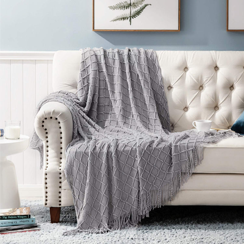 Bedsure Knit Throw Blanket for Couch 50 x 60 inches - Woven Summer Blankets, Cozy Lightweight Decorative Throw for Sofa, Bed and Living Room - All Seasons Suitable for Women, Men and Kids (Grey) 50x60 Grey - LeoForward Australia