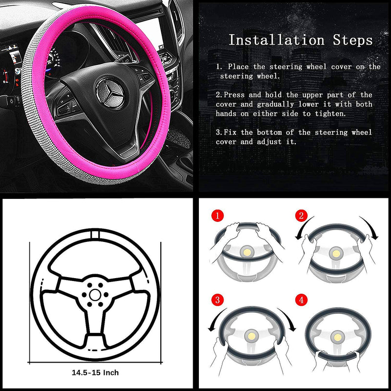  [AUSTRALIA] - Labbyway Diamond Leather Steering Wheel Cover Universal 15 inch,with Bling Bling Crystal Rhinestones Car Wheel Protector (Pink) Pink