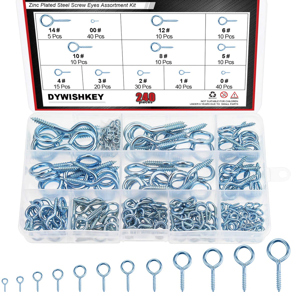  [AUSTRALIA] - DYWISHKEY 240PCS 12 Sizes Blue Zinc Plated Steel Screw Eyes Assortment Kit