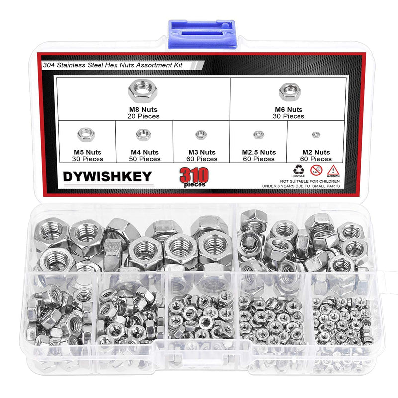  [AUSTRALIA] - DYWISHKEY 310 Pieces Metric 304 Stainless Steel Hex Nuts Assortment Kit for Screw Bolt (M2 M2.5 M3 M4 M5 M6 M8)