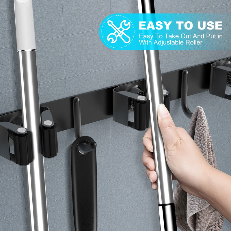  [AUSTRALIA] - ZcScoery broom holder wall, device holder stainless steel, broom mop holder wall mount, self-adhesive tool holder organizer with 5 holders and 4 hooks for home, kitchen, bathroom, garage, garden 5 holders 4 hooks