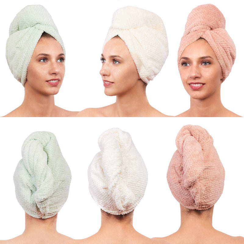  [AUSTRALIA] - Microfiber Hair Towel Wrap for Women - Quick Drying Turban for Curly, Long, Thick or Short Hair - Ultra Absorbent Anti Frizz Head Wraps for Sleeping and Showering (3 Pack) Ivory/Pink/Green