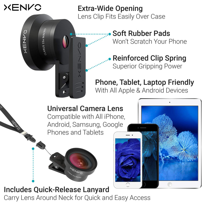  [AUSTRALIA] - Xenvo Pro Lens Kit for iPhone, Samsung, Pixel, Macro and Wide Angle Lens with LED Light and Travel Case