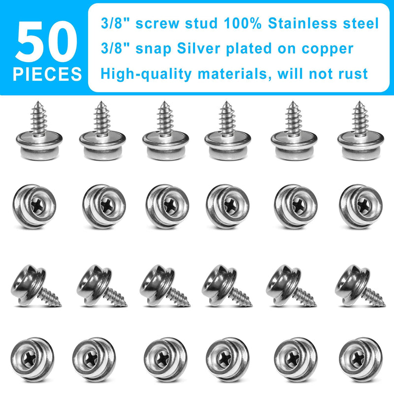  [AUSTRALIA] - YeeBeny 50PCS Stainless Steel Screws Marine Grade Boat Canvas Snaps 3/8" inch Diameter Stainless Steel, Snaps for Boat Cover, Snap Screw Stud, Made of high-Quality Materials, not Easy to corrode