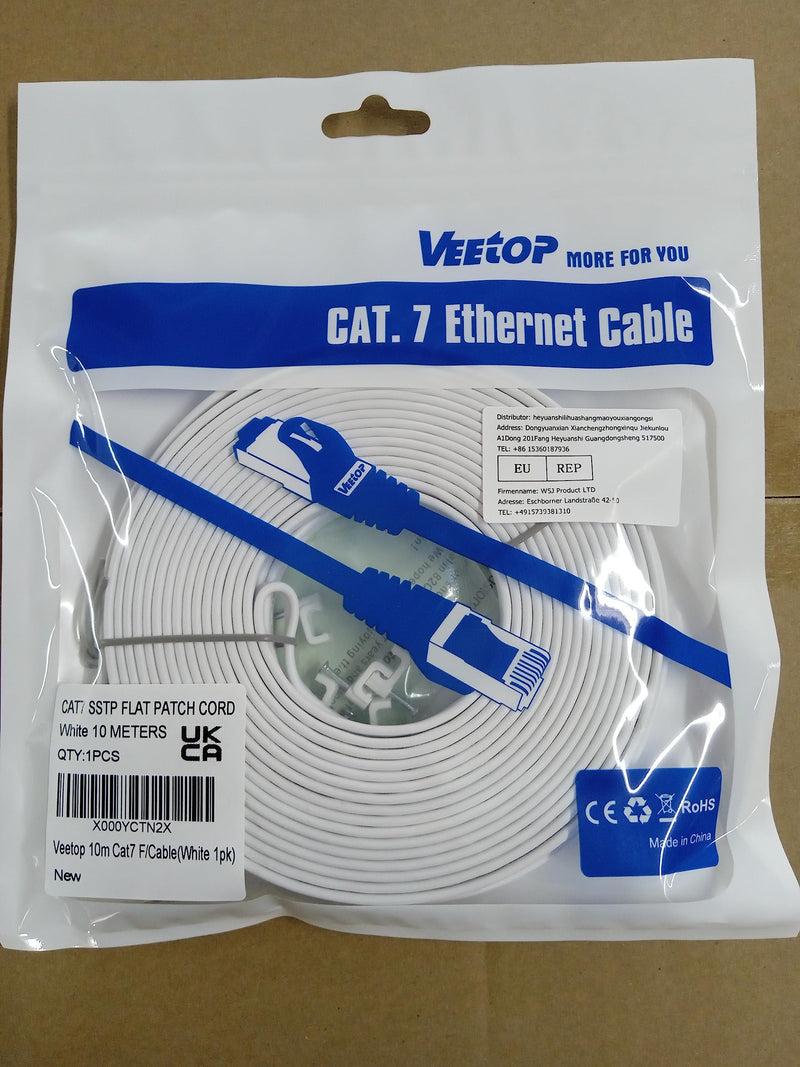  [AUSTRALIA] - Veetop 10m Lan Cable Network Cable Cat 7 Ethernet Cable with Gold-Plated RJ45 Connector Flat and Thin with 10 Gbps Transfer Rate 10 Meters White White