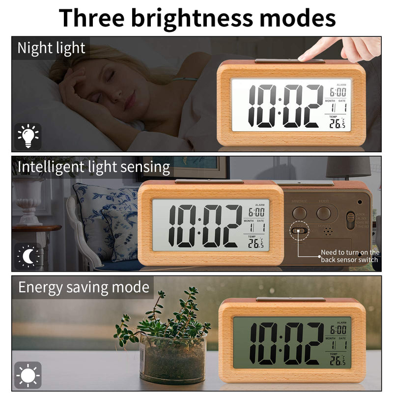  [AUSTRALIA] - OURISE Wooden Large LED Digital Alarm Clock, Smart Sensor Night Light with Snooze, Date, Temperature, 12/24Hr Switchable,Easy to Use,Solid Wood Shell, for Bedrooms and Travel,Battery Operated(Brown) Brown