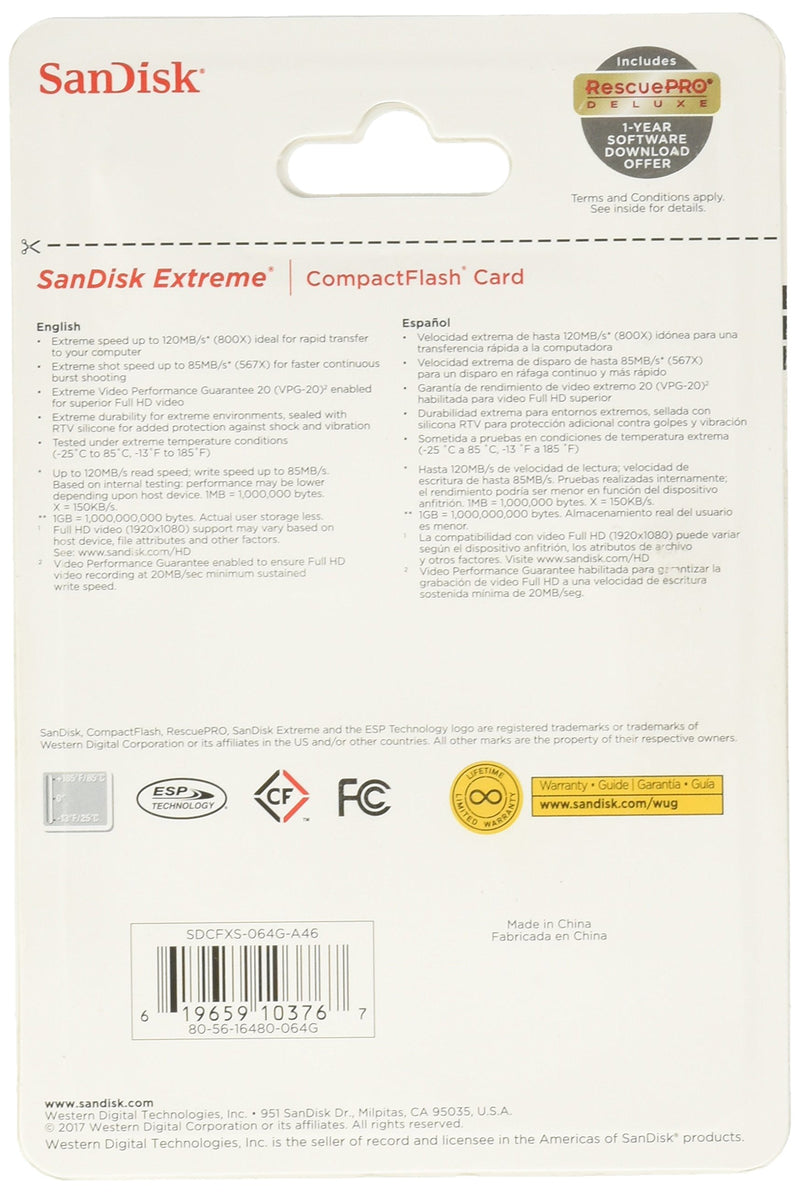  [AUSTRALIA] - Sandisk Extreme CompactFlash Memory Card - 64 GB (SDCFXS-064G-A46)