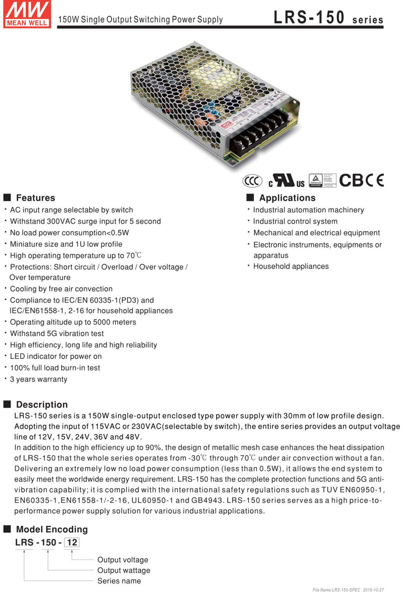  [AUSTRALIA] - Mean Well LRS-150-24 Switching Power Supply, Single Output, 24V, 6.5A, 156W, 6.26" L x 3.82" W x 1.18" H