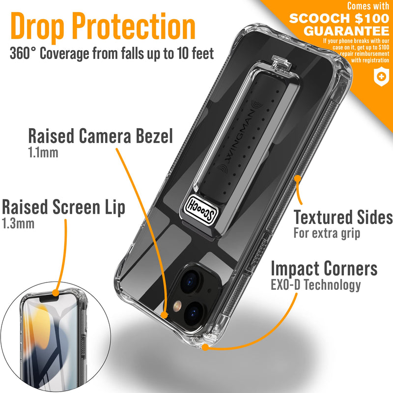  [AUSTRALIA] - Scooch iPhone 14 Plus Case with Stand, Phone Grip, and Car Vent Mount [Wingman] with $100 Device Coverage, Military Grade Drop Protection, Three-Way Kickstand, Works w/Magnetic Car Mounts (Clear) Clear
