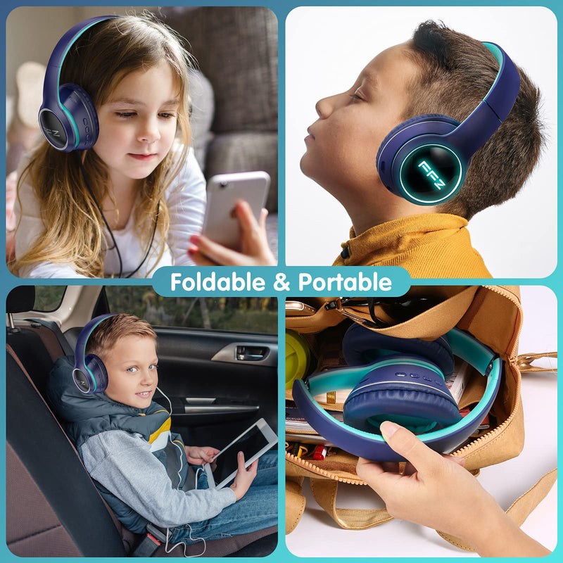  [AUSTRALIA] - FFZ K21 Wireless Kids Headphones, Colorful LED Lights Blue Tooth-V5.0 Headphones Built-in Microphone, Foldable Headset & Soft Earpads, for School/Car/Airplane/Ipad(Navy Blue) Navy Blue