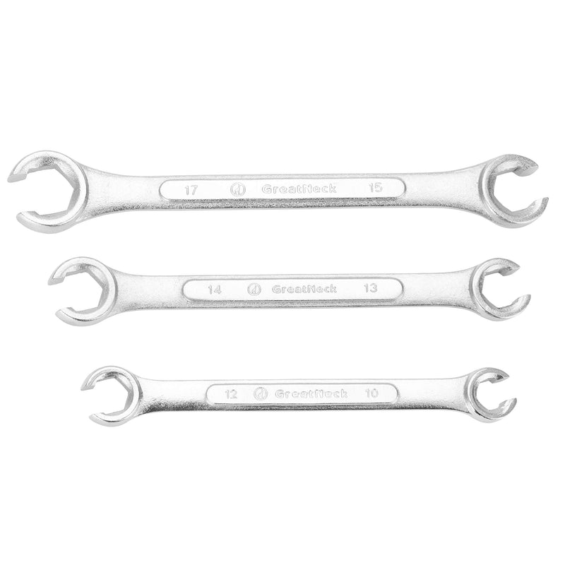  [AUSTRALIA] - GreatNeck FNW3M Flare Nut Wrench Set, Metric | Open Heads For Fastening Nuts to Tubing | Grips Soft-Metaled Fasteners Without Harm| Useful Car Repair Tool | Brake Lines, Power-Steering System & More 3PC Set Metric