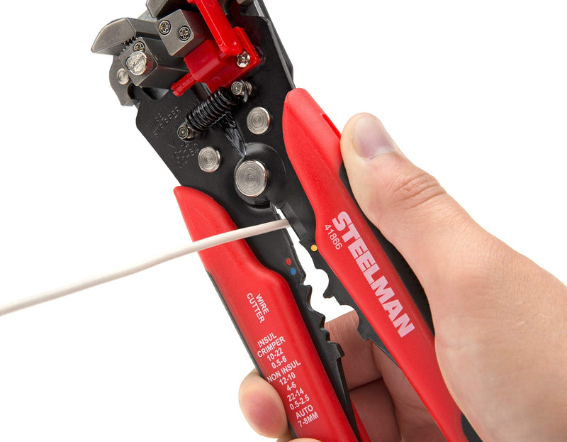  [AUSTRALIA] - STEELMAN Self-Adjusting 8-inch Wire and Cable Strippers, Strip Wires 30-8AWG, Cut Wires 24-10AWG, Crimp 22-10AWG Terminals, Adjustable Wire Stop, Comfortable Grip 8-inch Self-Adjusting Wire/Cable Stripper