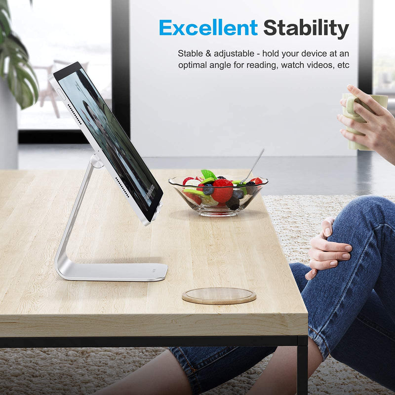  [AUSTRALIA] - Adjustable Tablet Stand for Desk, Upgraded Longer Arms for Greater Stability, OMOTON T2 iPad Stand Holder with Hollow Design for Bigger Sized Phones and Tablets Such as iPad Pro/Air/Mini, Silver