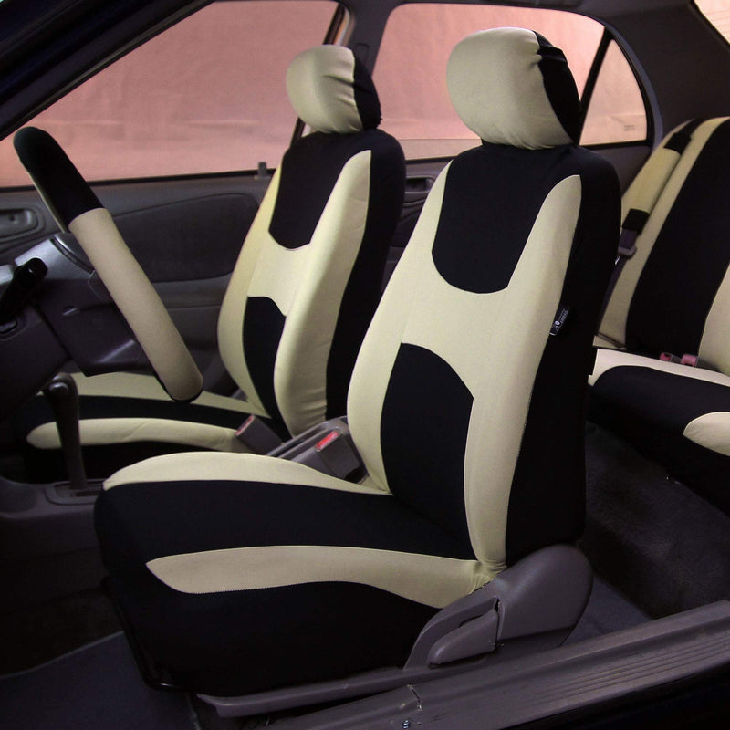  [AUSTRALIA] - FH Group FB030102 Light & Breezy Cloth Seat Cover Set Airbag Ready, Beige/Black Color- Fit Most Car, Truck, SUV, or Van Beige-Front
