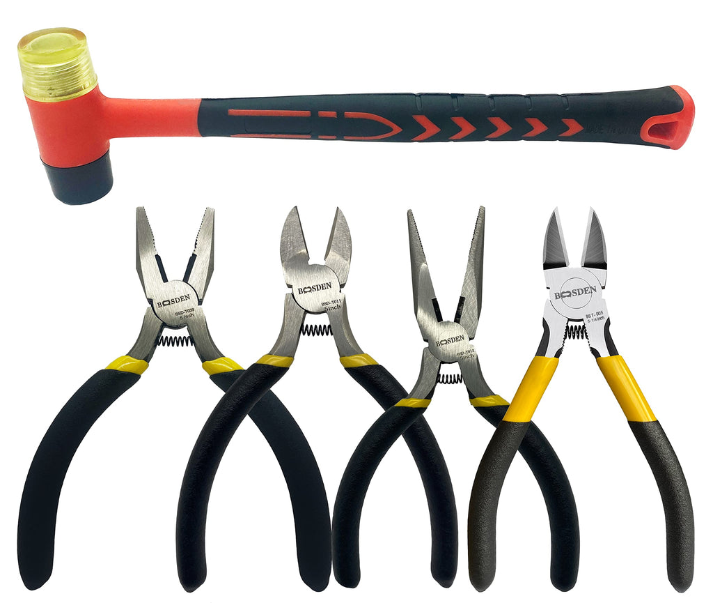  [AUSTRALIA] - BOOSDEN Small Pliers Set-5 PCS, 25mm Rubber Hammerx1pc, 5" Wire Cuttersx1pc, 5" Needle Nose Pliersx1pc, 5" Diagonal Cuttersx1pc, 5" Linemans Pliersx1pc, for Jewelry Making or Diy Tools Small Tools Set-5 PCS