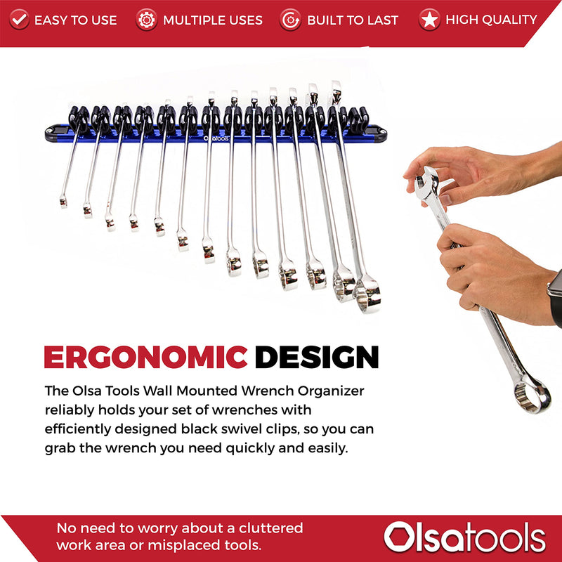  [AUSTRALIA] - Olsa Tools Wall Mount Wrench Organizer with Rotating Clips | Blue Anodized Aluminum + Black Clips | Premium Quality Wrench Holder | 14 Wrenches Fit Rack Blue Aluminum + Black Clips