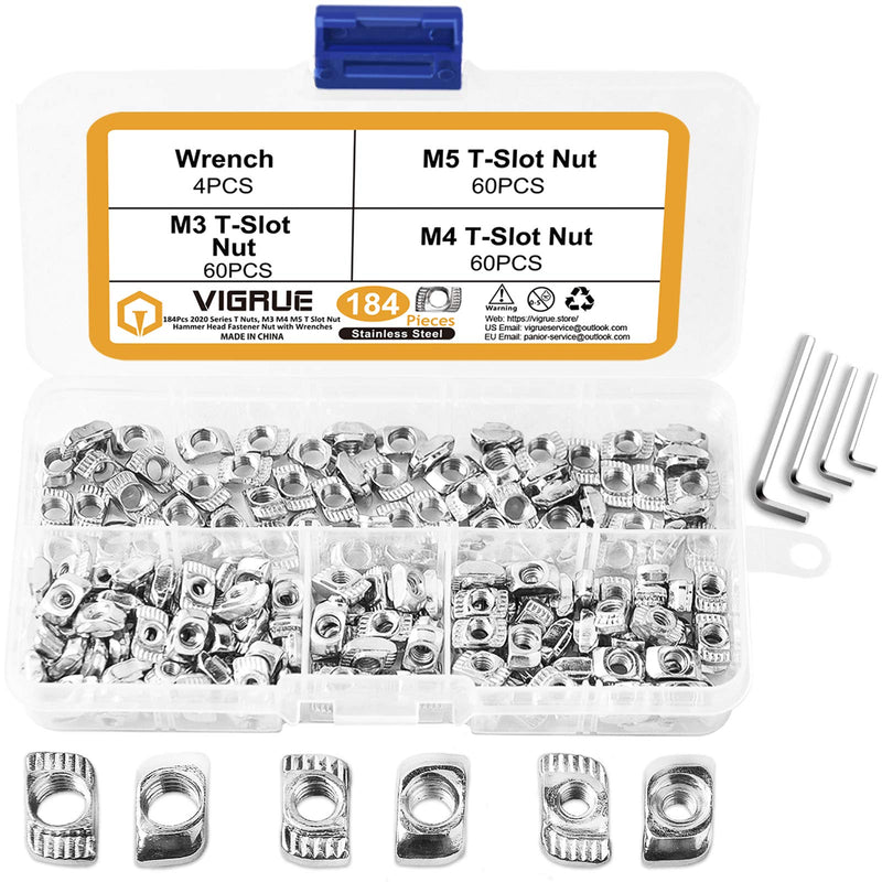  [AUSTRALIA] - VIGRUE 184Pcs 2020 Series T Nuts, M3 M4 M5 T Slot Nut Hammer Head Fastener Nut Nickel Plated Carbon Steel with 4 Matching Wrenches for Aluminum Profile