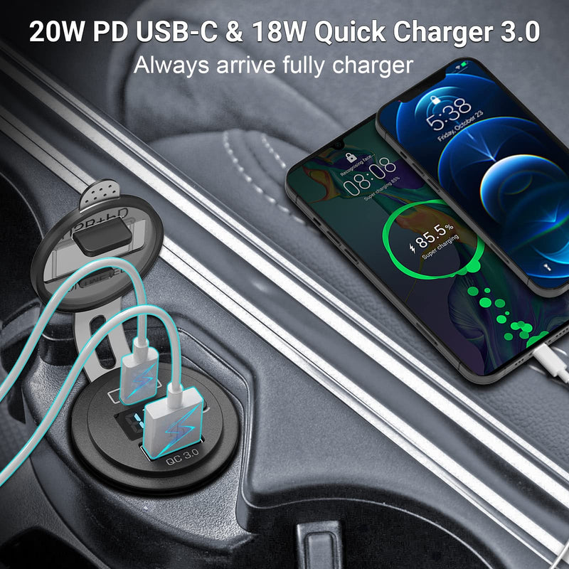  [AUSTRALIA] - 2 Pack USB C Car Charger Socket, Qidoe 12V USB Outlet PD3.0 20W USB C and 18W QC3.0 Car USB Port with LED Voltmeter and ON/Off Switch Fast Car USB Outlet for Car Boat Marine RV Truck Golf Motorcycle Two in Pack