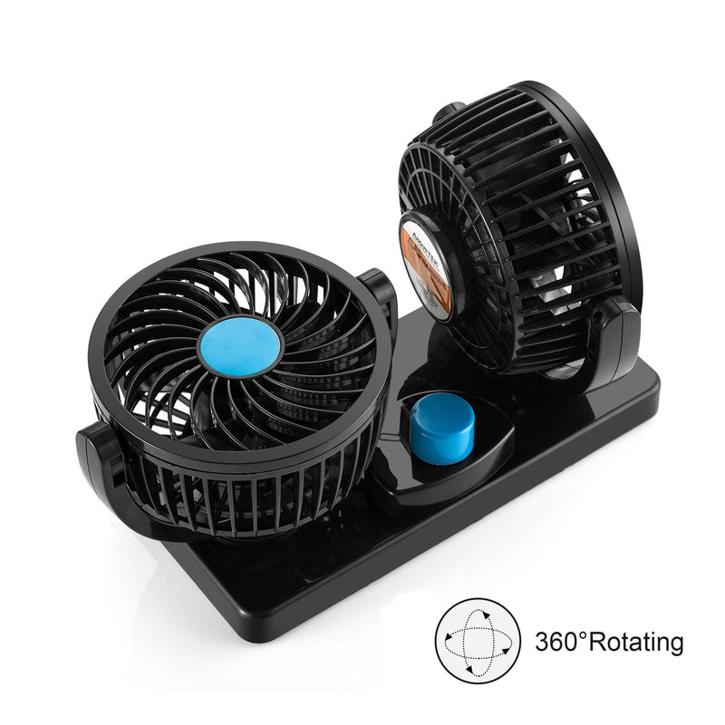 FiveJoy 360 Degree Rotatable Car Fan - 12V DC Electric 2 Speed Dual Head Fans, Quiet Strong Dashboard Cooling Air Circulator Fan for Sedan SUV RV Boat Auto Vehicles Golf or Home - LeoForward Australia