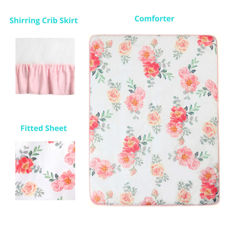  [AUSTRALIA] - La Premura Watercolor Floral Nursery Crib Bedding Set for Baby Girls, 3 Piece Standard Size Crib Bedding Sets, Pastel Pink