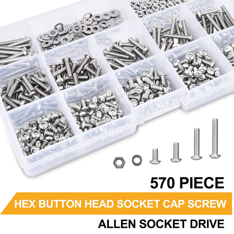  [AUSTRALIA] - VIGRUE 570PCS Stainless Steel M3 Button Head Hex Socket Cap Screw Bolts, M3 x 4/5/6/8/10/12/14/16/18/20/25mm Screw and Nuts Flat Washer Assortment Kit, Fully Machine Thread