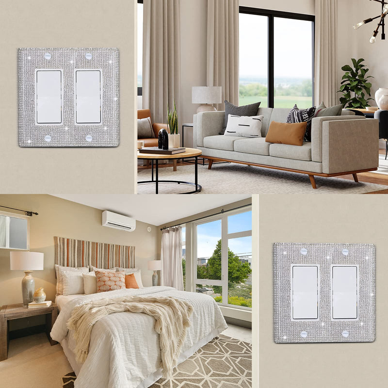  [AUSTRALIA] - Silver Shiny Silver Rhinestones Switch Wall Plate Double Gang Toggle Light Switch Covers Decorative Bling Light Switch 2-Gang Light Switch Cover